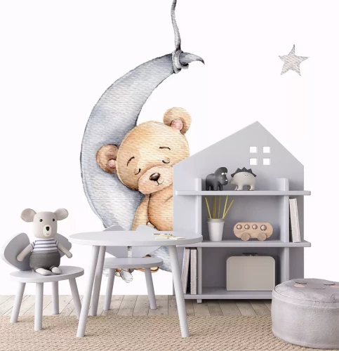 Sticker Cute sleeping teddy bear on the silver moon; watercolor hand draw illustration; with white isolated background