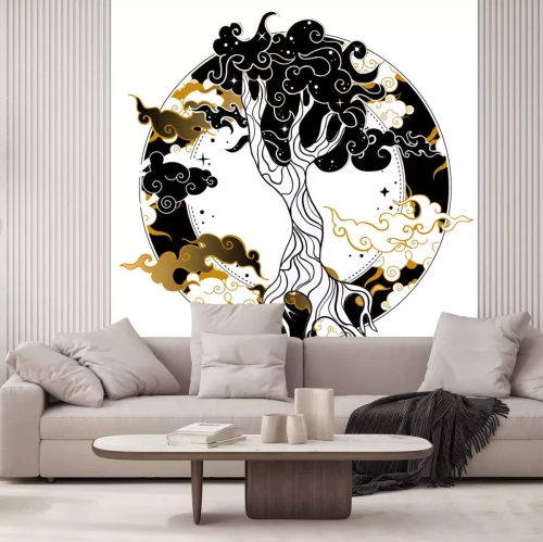 Sticker Asian style tattoo with tree. Boho, gothic, witchy vibes.