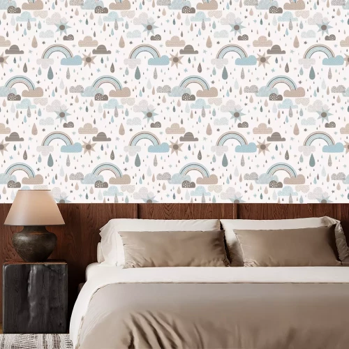 Behang Vector sky seamless pattern with clouds, rain drops, rainbow, sun. Cute doodle decorative scandinavian print for textile, fabric, apparel gender-neutral kid nursery design