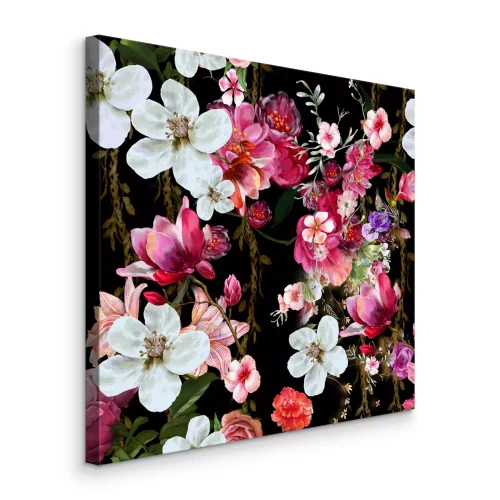 Canvas Kleurrijke aquarelbloemen op een zwarte achtergrond