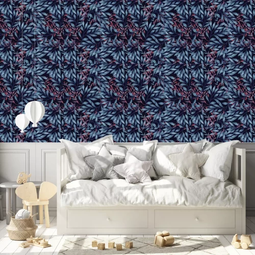 Behang Blue and red leaves on dark background pattern