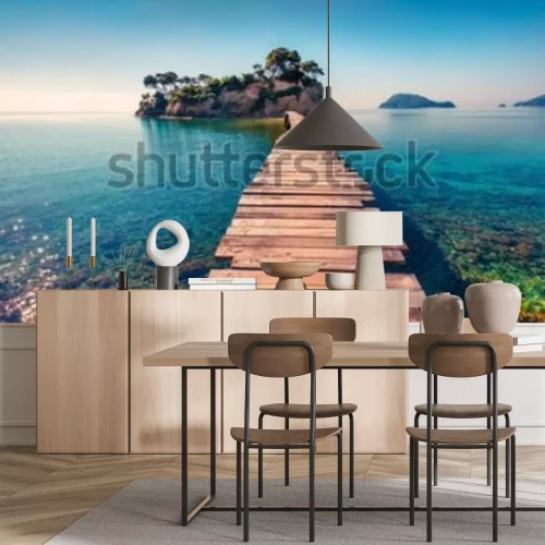 Fotobehang Een pittoresk paradijselijk eiland met een brug over de blauwe zee