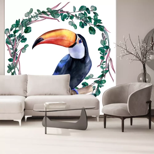 Sticker Watercolor hand painted colorful realistic illustration of toucan bird sitting on a branch inside eucalyptus wreath.