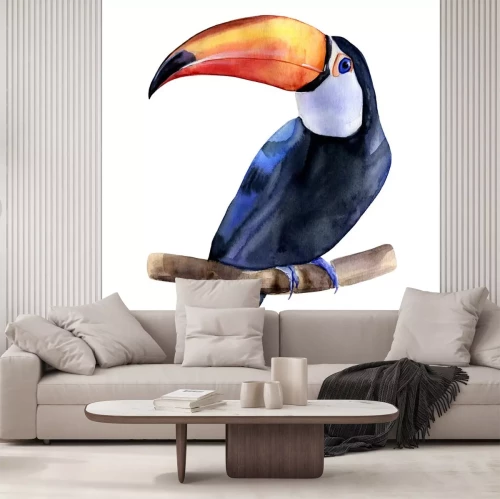 Sticker Watercolor hand painted colorful realistic illustration of toucan bird sitting on a branch. Isolated element on white background.