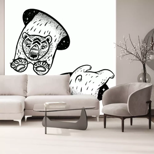Sticker Polar bear in magic teleport. Linear black and white drawing. Ideal for coloring print