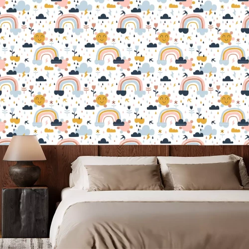 Behang Seamless cute pattern with hand drawn rainbows, rain drops, clouds sun, flowers and martlets. Creative scandinavian childish background for fabric, wrapping, textile, wallpaper, apparel. Vector
