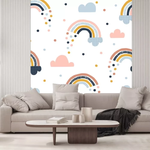 Sticker Regenboog tussen wolken en kleurrijke regendruppels