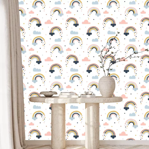 Behang Regenboog tussen wolken en kleurrijke regendruppels