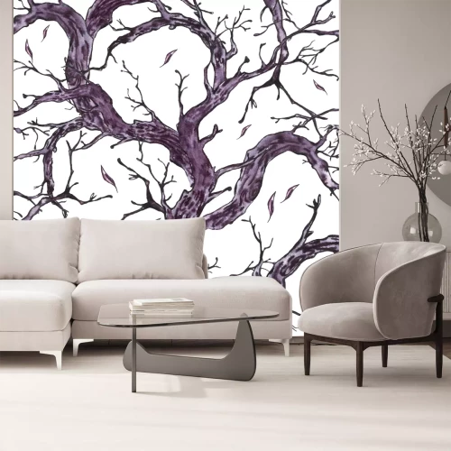 Sticker Zwart-wit waterverfhand getrokken naadloos patroon met boomtakken, takjes. Natuurlijke textuur. Zwart-witte illustratie op witte achtergrond.