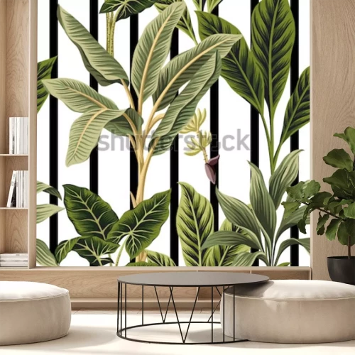 Sticker Tropische planten op een zwart-wit gelijnde achtergrond