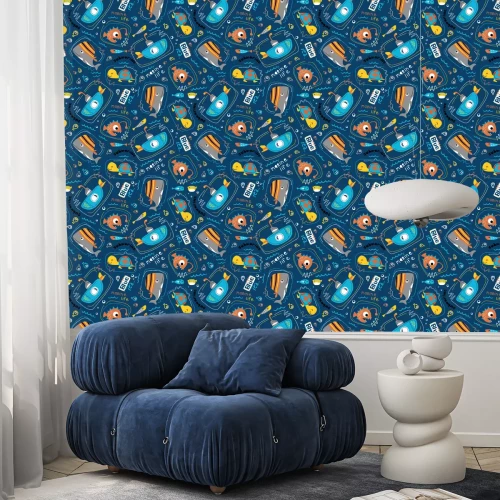 Behang seamless pattern vector of submarine with sea animals cartoon