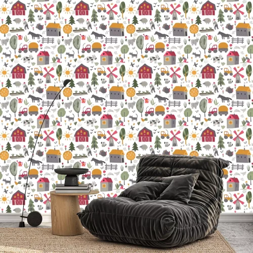 Behang Vector seamless pattern with cute hand drawn farm animals, trees, houses, tractor, mill.