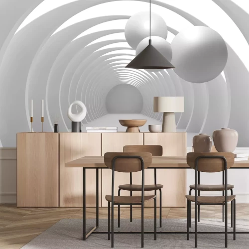 Fotobehang Een witte tunnel met drie ballen