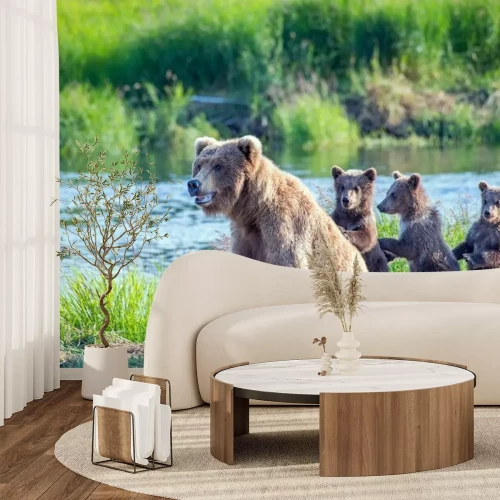 Fotobehang Berenfamilie bij de rivier