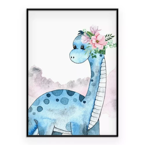 Poster Blauwe dinosaurus met een bloemenkrans