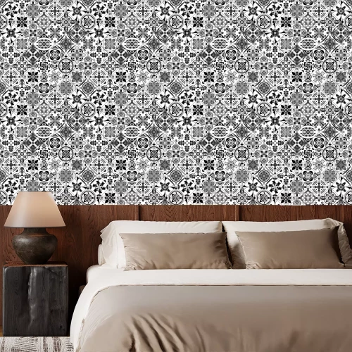 Behang Vector tile pattern, Lisbon floral mosaic, Mediterranean black and white ornament