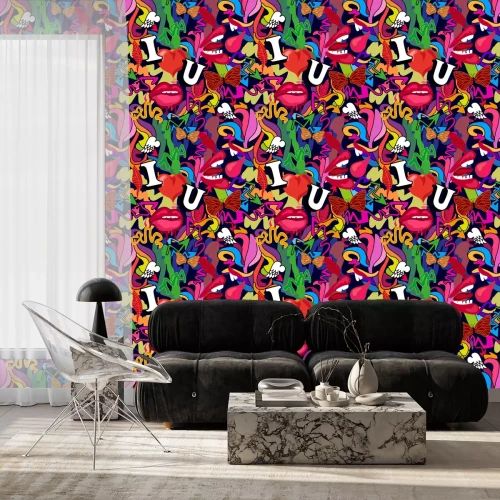 Behang Graffiti met hartjes lippen en belettering