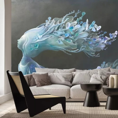 Sticker Imagination lonely girl with nature head looking for the light, fantasy art, hope concept, surreal painting, freedom