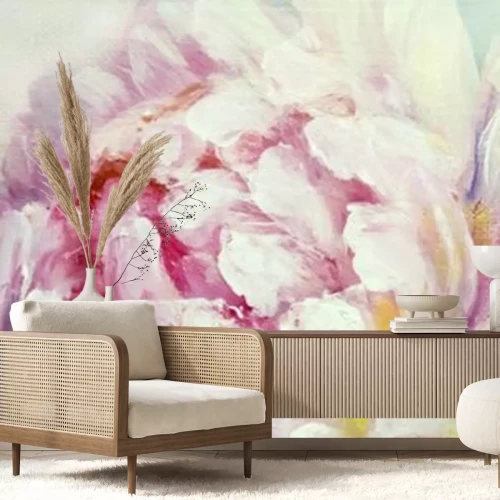 Fotobehang Een compositie van roze en witte pioenrozen, geschilderd met olieverf.