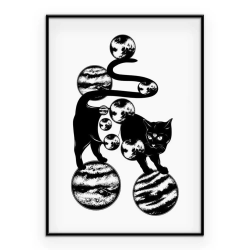 Poster Een artistieke interpretatie van een zwarte kat met drie ogen.