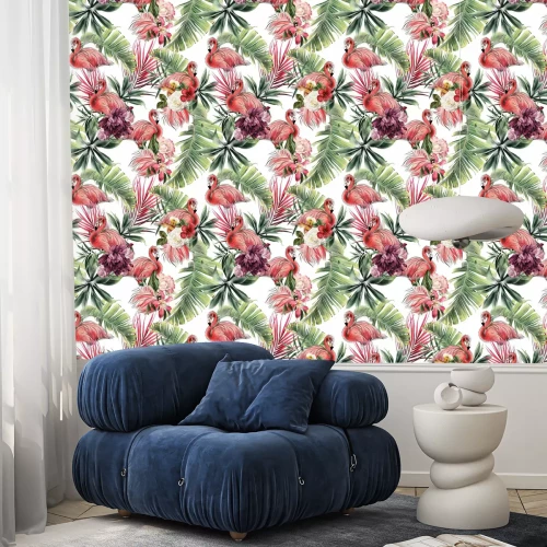Behang Seamless floral pattern with tropical flowers and flamingo, watercolor.