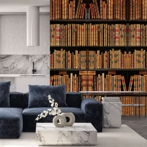 Fotobehang Oude boeken op houten planken in een bibliotheek