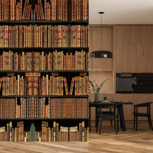 Sticker Oude boeken op houten planken in een bibliotheek