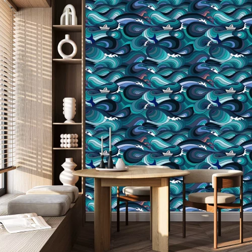 Behang sea pattern with waves, tentacles, paper boat and whale tail