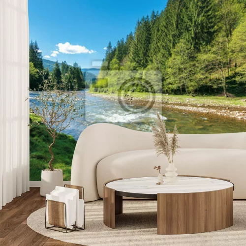 Fotobehang Een snelstromende bergrivier en een sparrenbos