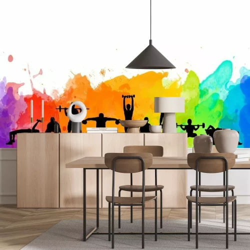 Fotobehang Menselijke silhouetten tijdens oefeningen op aquarel achtergrond