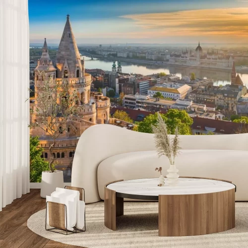 Fotobehang Zonsopgang met de Boedapesttoren