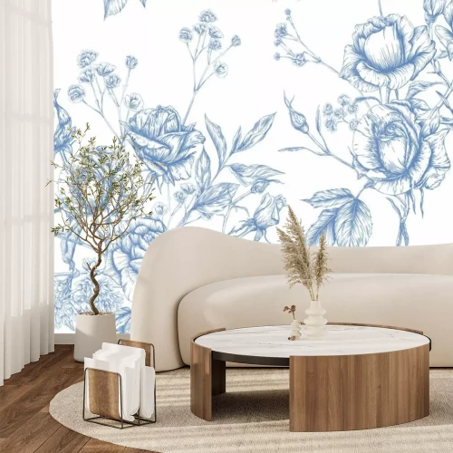 Fotobehang Blauwe rozenbloemen op een witte achtergrond