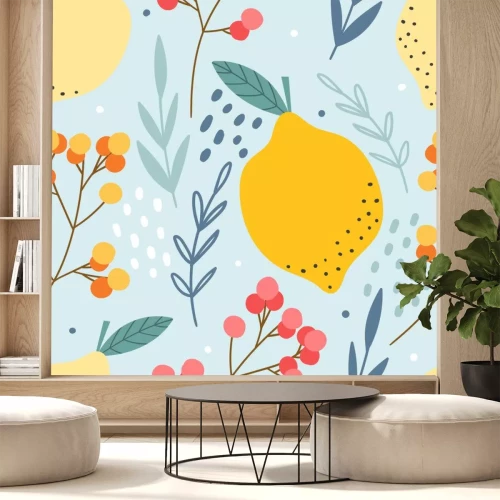 Sticker Lemons and berries seamless pattern for print, textile, fabric. Hand drawn citrus fruits background.