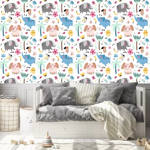 Behang Grafische olifanten vogels en bloemen