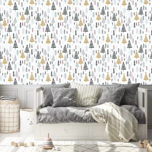 Behang Winter naaldbos op een witte achtergrond