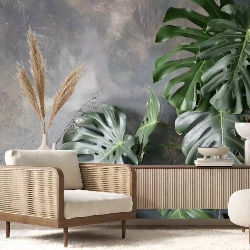 Fotobehang Groene planten op grijze achtergrond