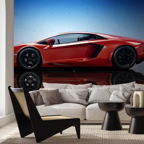 Sticker Futuristische rode auto op een spiegelachtergrond