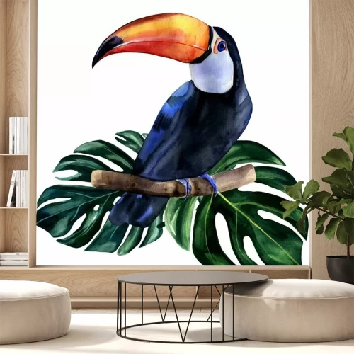 Sticker Watercolor hand painted colorful realistic illustration of toucan bird with monstera leaves. Bright tropical composition is perfect for invitation for thematic wedding or party.
