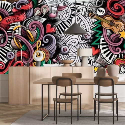 Sticker Music hand drawn doodle banner. Cartoon detailed illustrations.