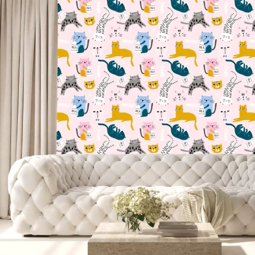 Behang Seamless childish pattern with cute cats in different poses. Creative kids hand drawn texture for fabric, wrapping, textile, wallpaper, apparel. Vector illustration