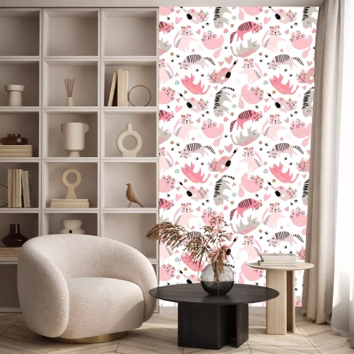 Behang Seamless childish pattern with cute girl cats . Creative kids hand drawn texture for fabric, wrapping, textile, wallpaper, apparel. Vector illustration