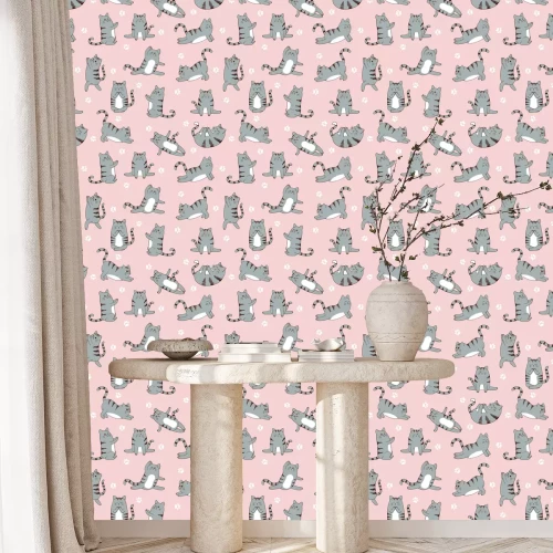 Behang Grijze katten op roze achtergrond