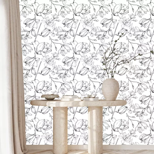 Behang Vector Magnolia floral botanical flowers. Black and white engraved ink art. Seamless background pattern.