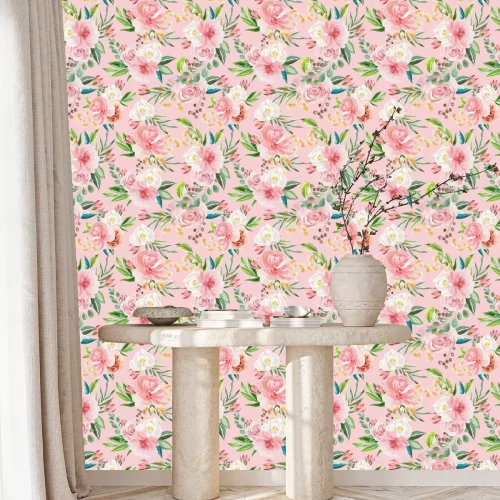 Behang Pioenrozen Poederroze en witte bloemen