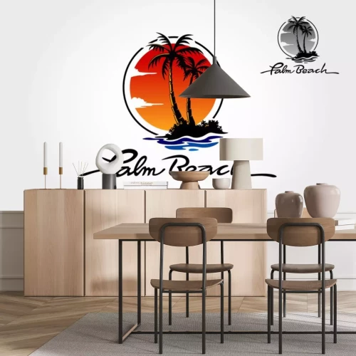 Sticker Palm Beach Logo Template, Water ocean waves with sun, palm tree and beach, for restaurant and hoteling. Palm Beach logo is fully customizable; it can be easily edit to fit your needs.