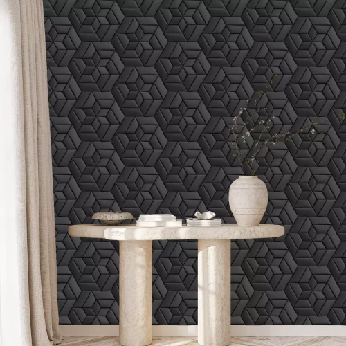 Behang 3D wallpaper of 3D soft geometry tiles made from black leather. High quality seamless realistic texture.