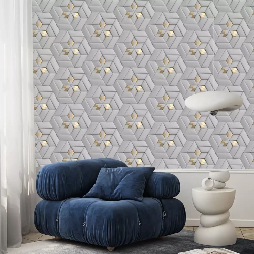 Behang 3D wallpaper of 3D soft geometry tiles made from gray leather with golden decor. High quality seamless realistic texture.