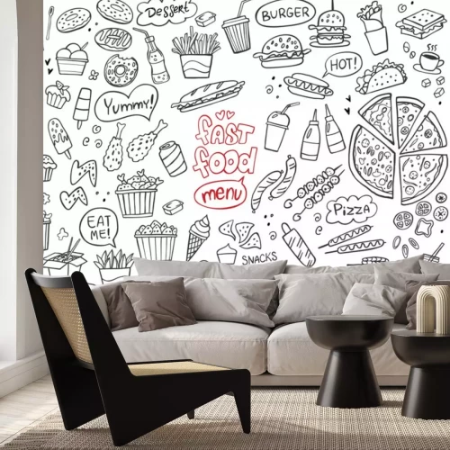 Sticker Set of fast food doodles on white. Vector illustration. Perfect for menu or food package design.