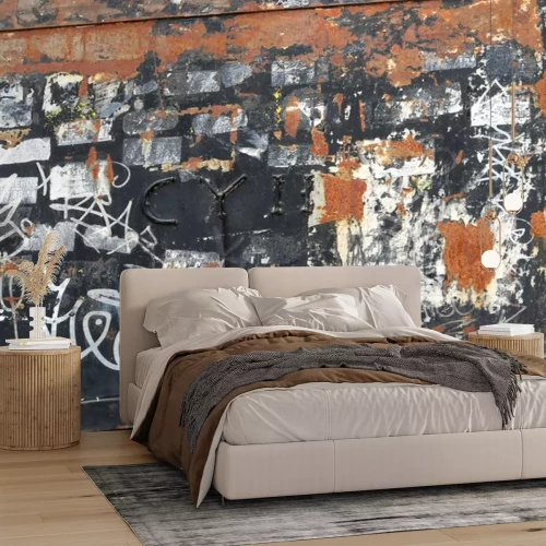 Sticker rusty and damaged metal square with frame, graffiti and old stickers peeled off