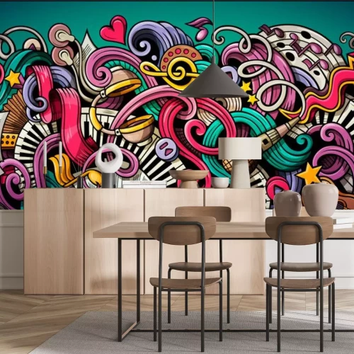 Sticker Music hand drawn doodle banner. Cartoon detailed illustrations.